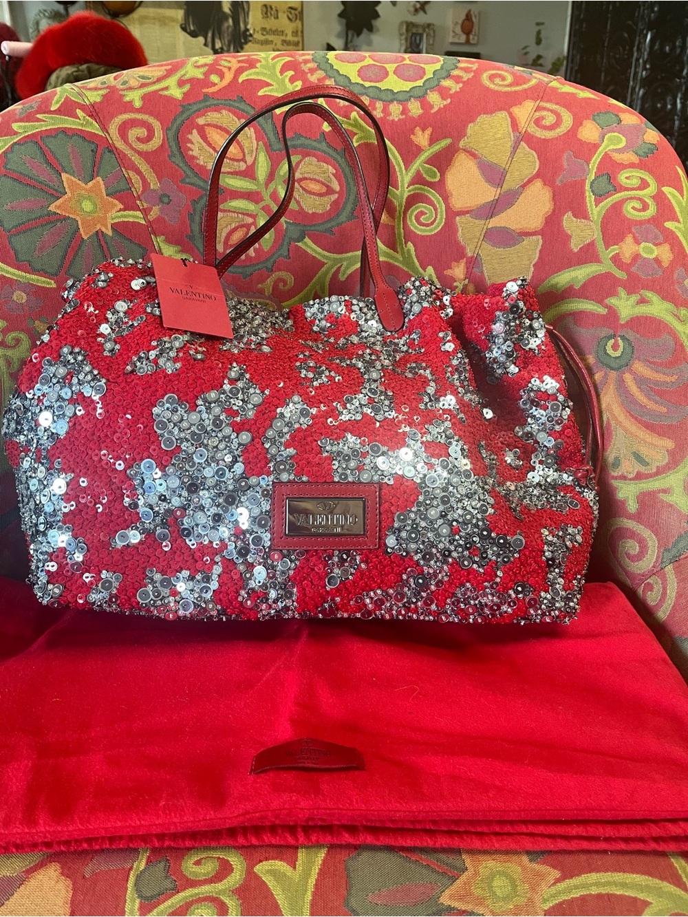 Valentino Garavani Red and Silver Sequin Tote